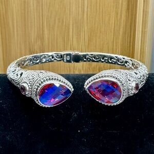 SARDA Sterling Silver Pink Volcanic Quartz Bali Filigree Scroll Cuff Bracelet